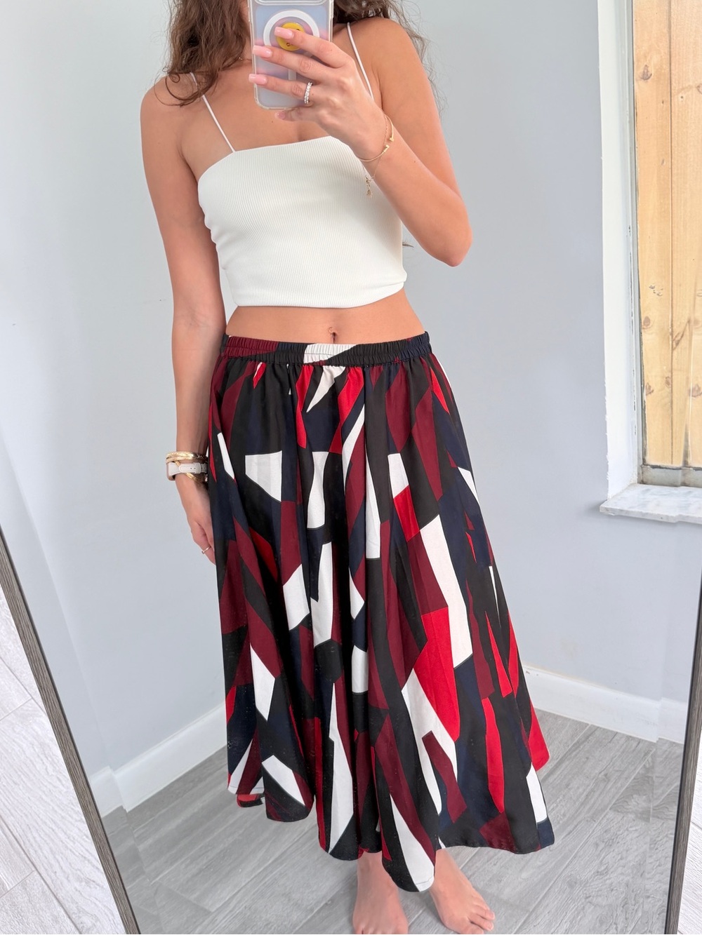 Abstract Print Midi Skirt in Red, Black & White